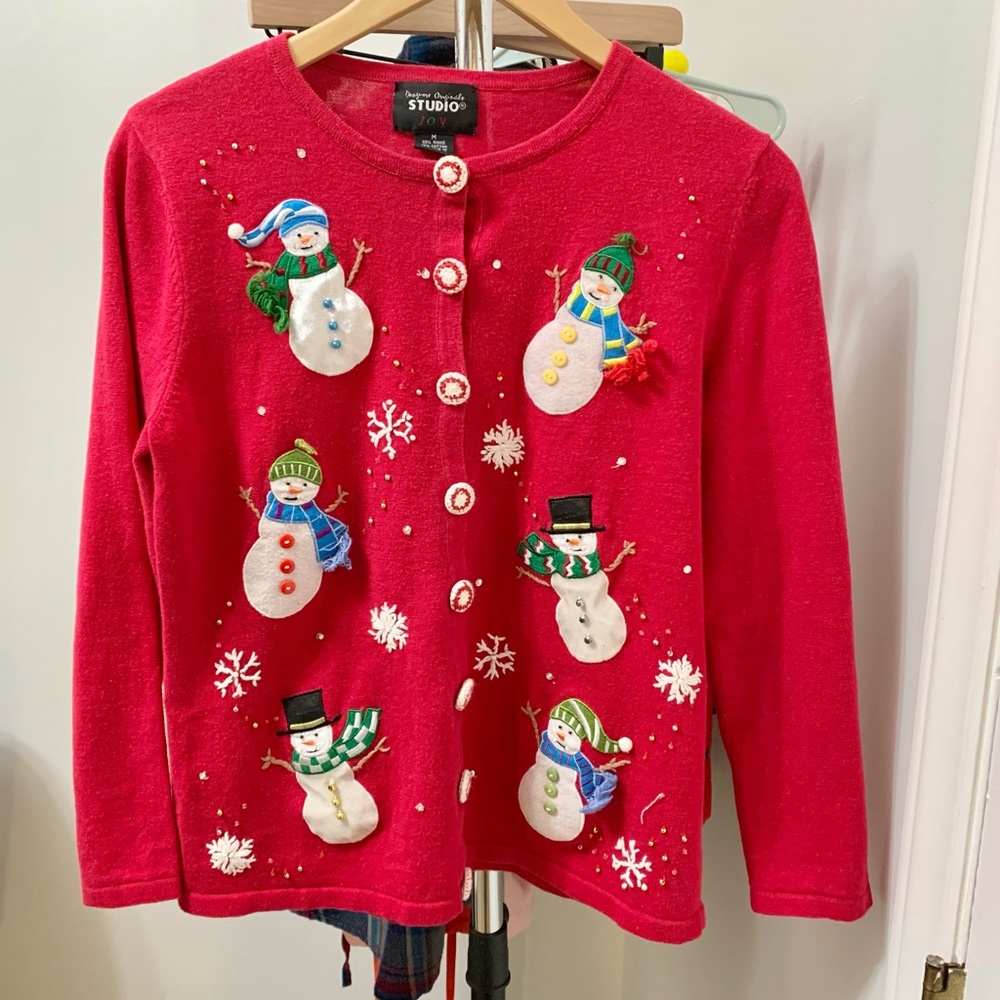 Vintage Christmas Cardigan Snowmen Ramie Cotton  - M